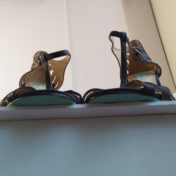 Black Suede Silver Glitter Peep Toe Cut Out Stiletto Heel TStrap Sandals Sz 9.5 - Picture 10 of 13